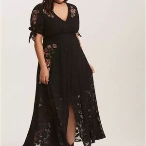 Torrid Black Maxi Dress with Pink Floral Embroidery
